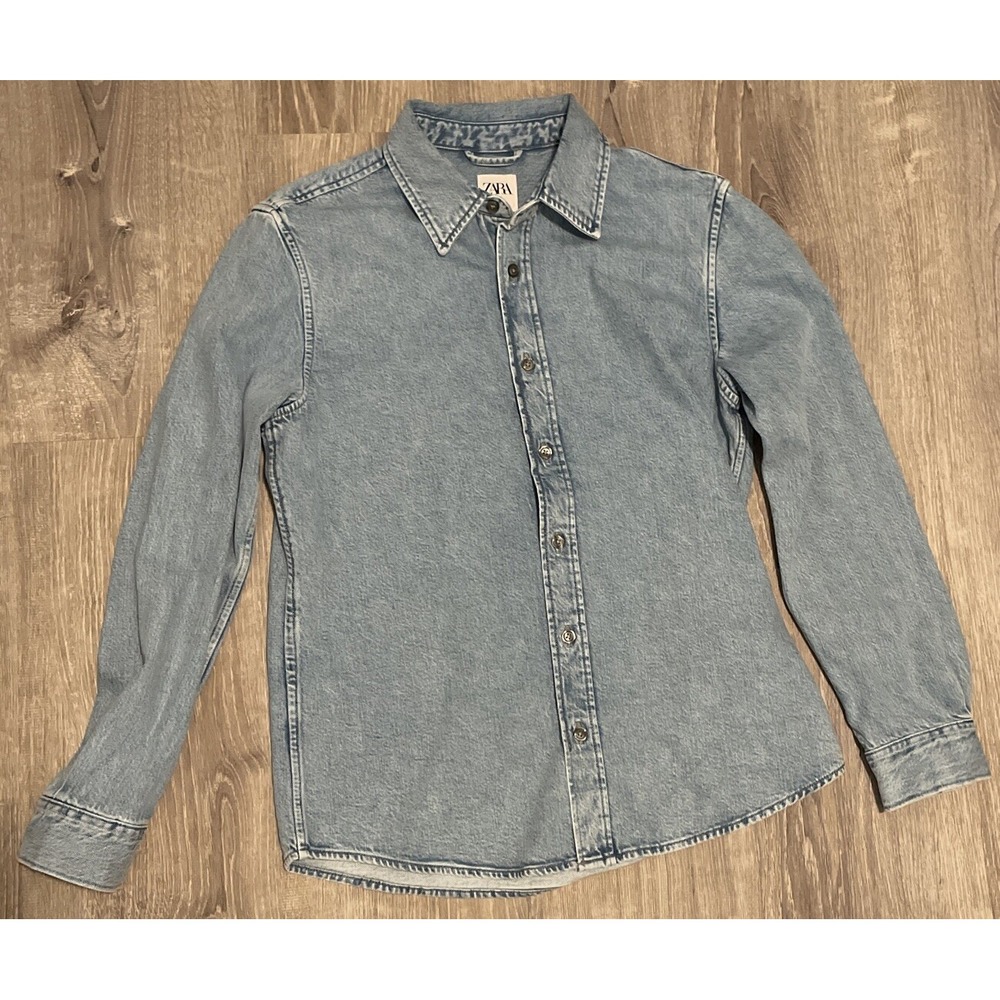 Zara Shirt Womens Medium Blue Denim Button Up Oversized Hi Lo Long Sleeve